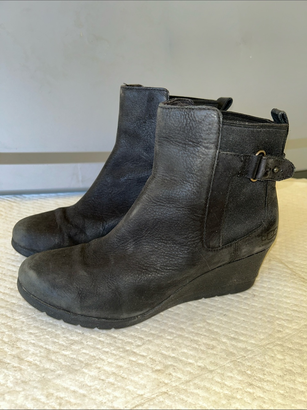 UGG Black Leather Wedge Ankle Booties with Buckle Strap